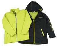 2set - Černo-neonově zelená šusťáková jarní bunda s nápisem a kapucí + Neonově zelená fleecová propínací mikina Yigga