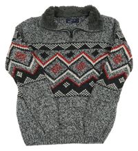 Tmavošedo-bílo-červený melírovaný vlněný vzorovaný svetr Next