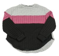 Čierno-ružovo-sivý rebrovaný úpletový sveter Shein