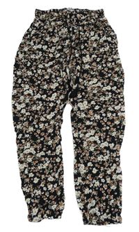 Čierno-smetanovo-staroružové kvetované ľahké cuff nohavice