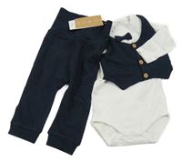 Nové - 2set - Bielo-tmavomodré body s našitou vestou + rebrované tepláky Name it