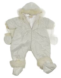 Bílá šusťáková zimní kombinéza s kapucí+ rukavice+ capáčky