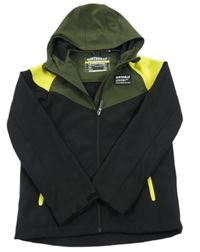 Khaki-černo-žlutá softshellová bunda s nášivkou a kapucí C&A