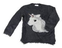 Tmavosivý chlpatý sveter s jednorožcom H&M