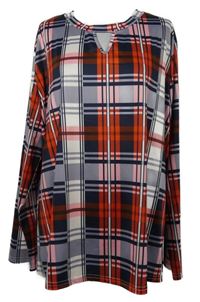 Dámske tmavomodro-červeno-ružové kockované tričko s prestrihom