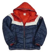 Červeno-bílo-tmavomodrá šusťáková prošívaná lehká zateplená bunda s kapucí Creeks