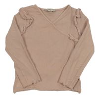 Pudrové rebrované tričko s mašličkou a volánikmi F&F