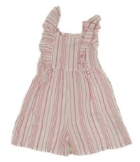 Bielo-ružový pruhovaný mačkaný kraťasový overal s volánikmi PRIMARK