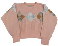 Svetloružový crop sveter s károváním Shein