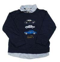 Tmavomodrá mikina s autami a všitou košilí Jasper Conran