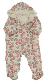 Bílá šusťáková zimní kombinéza s květy a kapucí M&Co.