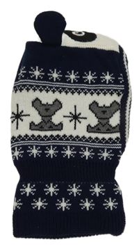 Tmavomodro-bílá vzorovaná pletená kukla s pejsky 