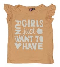 Oranžové tričko s nápisem a madeirovými rukávy 