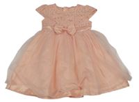 Broskvové tylovo/krajkové šaty s mašlou Shein