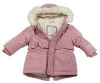 Starorůžová šusťáková zimní parka s volánky a kapucí s kožešinou PRIMARK