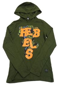 Tmavokhaki tričko s nápisom a listami a kapucňou coolcat