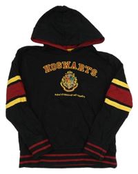 Černo-tmavočervená mikina s erbem - Harry Potter a kapsou a pruhy a kapucí 