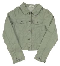 Olivová tepláková rifľová crop bunda s golierikom H&M