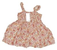 Nové - bílo-růžovo-korálové mušelínové letní šaty s palmami a květy F&F