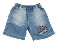 Svetlomodré teplákové rifľové kraťasy s nápismi a číslom