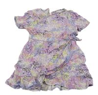 Fialovo-farebné vzorované šaty s mašlou a volánikom ONLY