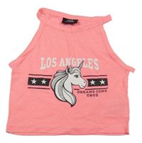 Neónově korálovo-biely melírovaný crop top s jednorožcom a nápismi page one young