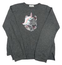 Tmavosivý melírovaný sveter s jednorožcem z překlápěcích flitrů H&M
