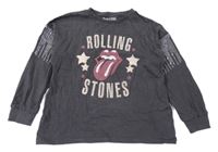 Tmavošedé melírované oversize mikinotriko s Rolling Stones a kamienkami Next