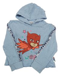 Svetlomodrá melírovaná crop mikina s PJ MASKS a pruhom a kapucňou