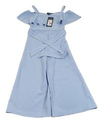 Světlemodrý culottes overal s volánem a páskem New Look