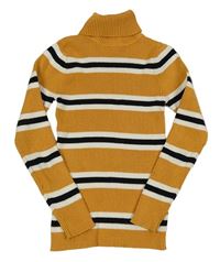 Okrovo-bielo-čierny pruhovaný rebrovaný svetrový rolák Primark