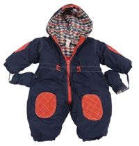 Tmavomodrá šusťáková zateplená kombinéza s kapucí + rukavice