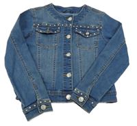 Modrá rifľová crop bunda s perlami a kamienkami