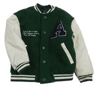 Zeleno-béžová flaušovo/koženková zateplená baseballová bunda s písmenem Kiabi