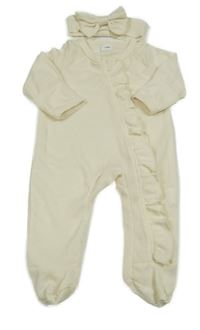 2set - Krémový žebrovaný overal s volánem + čelenka s mašlí