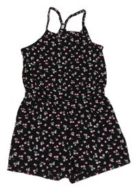 Černý květovaný bavlněný kraťasový overal C&A