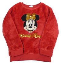 Červená chlpatá mikina s Minnie s flitrami Disney