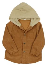 Hnedá rebrovaná zamatová košeľová bunda s kapucňou shein