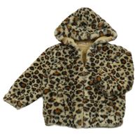 Béžovo-hnedá leopardí kožušinová zateplená bunda s kapucňou Ergee