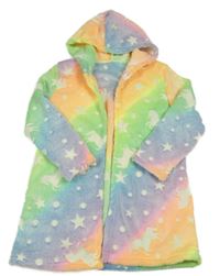 Barevný vzorovaný chlupatý župan s jednorožci a kapucí