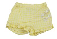 Žlto-biele kockované plátenné kraťasy s kvetmi