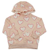 Svetloružová mikina s bielými srdiečkami a kapucňou Pep&Co
