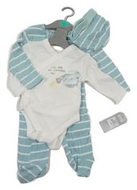 Nové - 3 set - bílé zavinovací body s planetou + modrý pruhovaný overal + pruhovaná čepice Primark