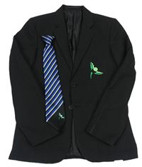2set - Čierne slávnostné sako s výšivkou + modro-černo-šedá pruhovaná kravata