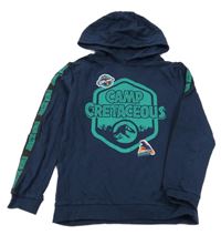 Tmavomodro-zelená mikina s nápismi a diny a kapucňou