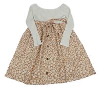 Bielo-béžové rebrované šaty s květovanou sukní a opaskom