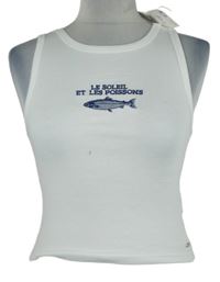 Nové - Dámský bílý žebrovaný crop top s rybkou Pull&Bear