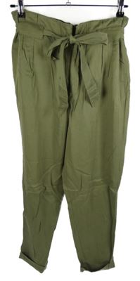 Dámské khaki paperbag kalhoty s páskem H&M