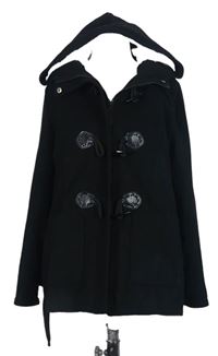 Dámsky čierny flaušový kabát s kapucňou