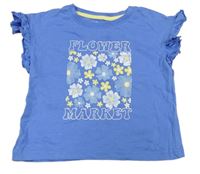 Modré tričko s kytičkami a nápisem Primark